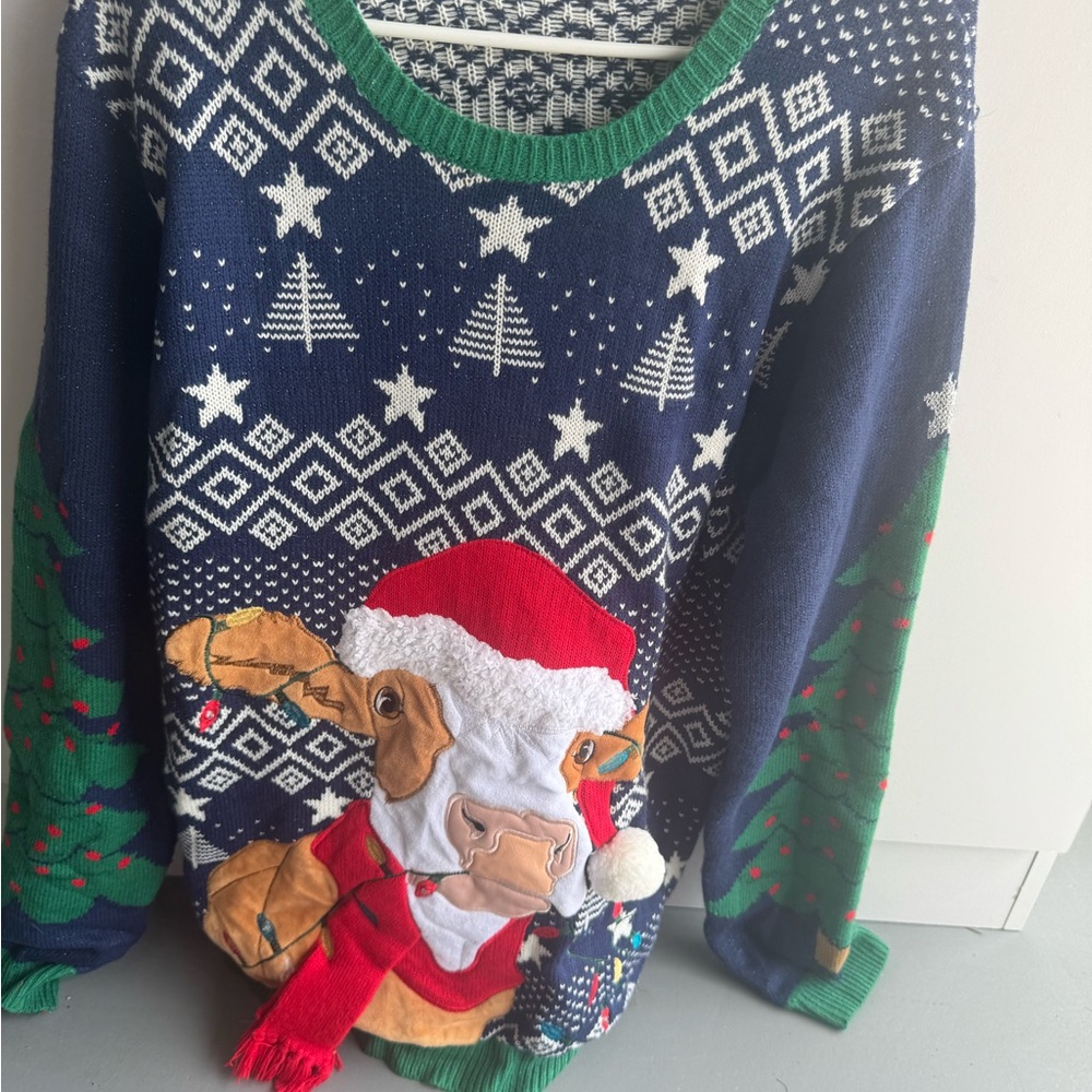 Holiday Time Blue and Green Crewneck Sweater with Festive Design